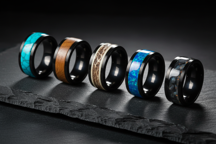 Collection of bold handcrafted masculine memorial rings with turquoise, wood, antler, opal, and ash inlays on dark slate — WildBeard Legacy Co.