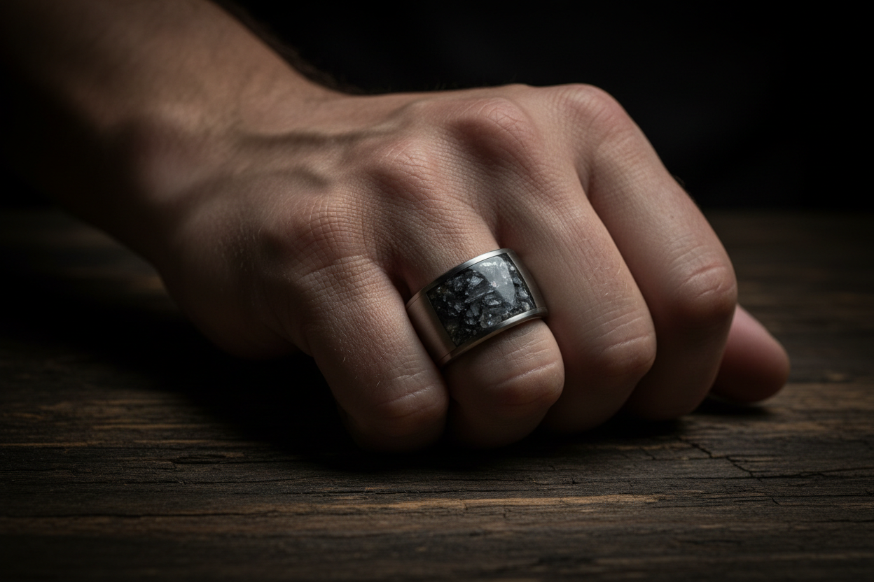 A man's hand wearing a bold handcrafted tungsten memorial ring with ash inlay resting on aged dark leather — WildBeard Legacy Co.