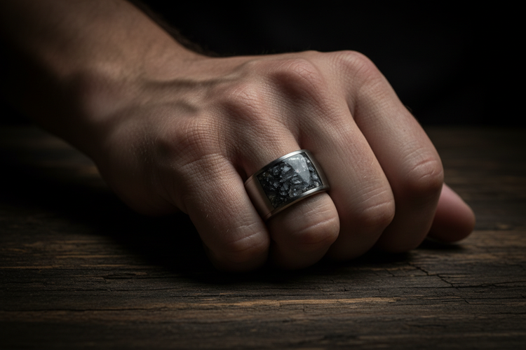 A man's hand wearing a bold handcrafted tungsten memorial ring with ash inlay resting on aged dark leather — WildBeard Legacy Co.