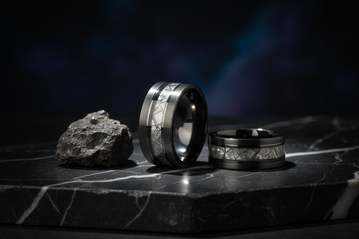 Handcrafted tungsten meteorite ring with genuine Gibeon meteorite inlay resting on dark slate beside a raw meteorite fragment — WildBeard Legacy Co.