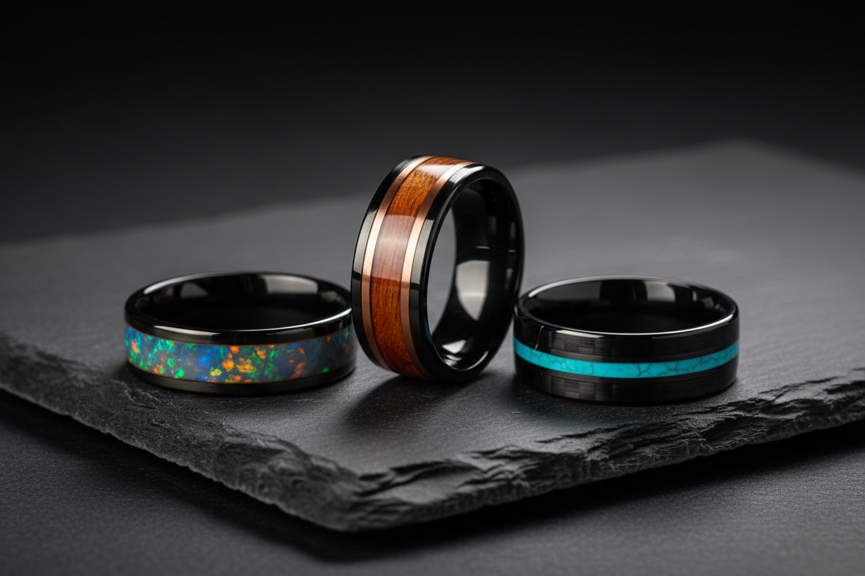 Three handcrafted non-traditional wedding bands with opal, wood, and turquoise inlays on dark slate — WildBeard Legacy Co.