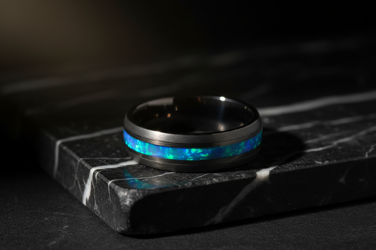 Handcrafted tungsten opal wedding band with glowing blue and green lab opal inlay on black marble — WildBeard Legacy Co.