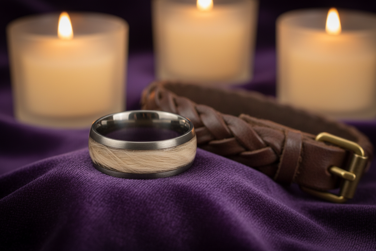 Handcrafted pet fur memorial ring with fur inlay in clear resin resting on dark velvet beside a pet collar — WildBeard Legacy Co.