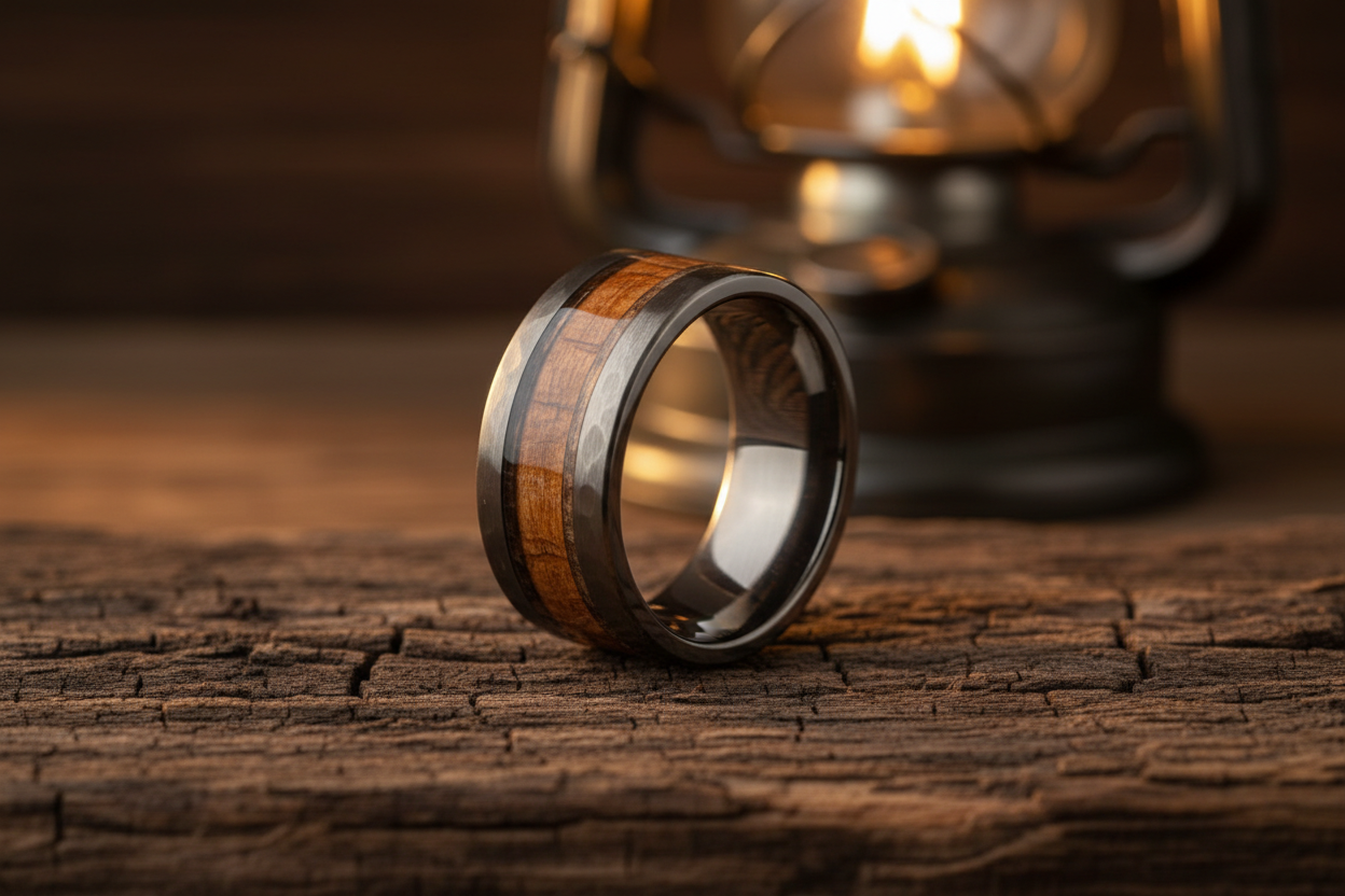 Handcrafted tungsten rustic memorial ring with hammered finish and wood inlay resting on aged barn wood — WildBeard Legacy Co.