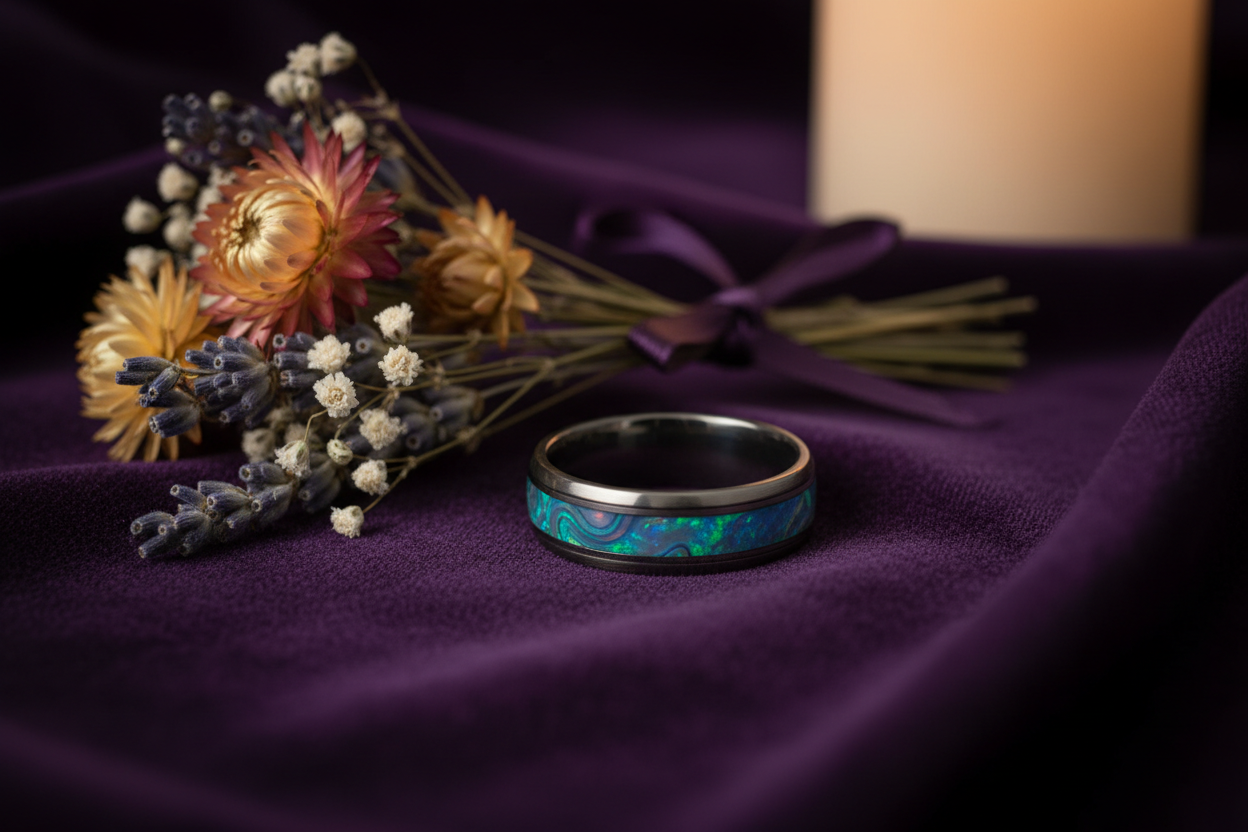 Handcrafted titanium pet memorial ring with opal inlay beside dried wildflowers on dark velvet — WildBeard Legacy Co.