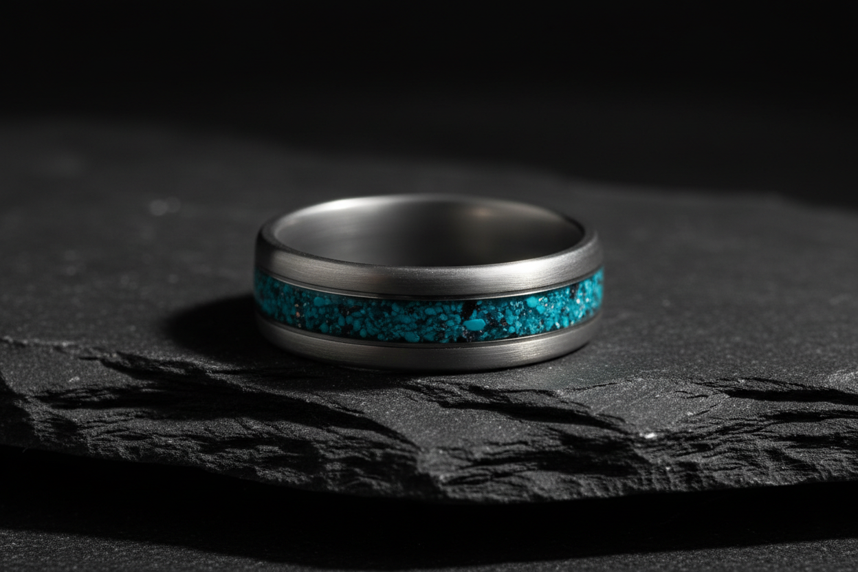 Handcrafted titanium memorial ring with ash inlay resting on dark volcanic rock — WildBeard Legacy Co.