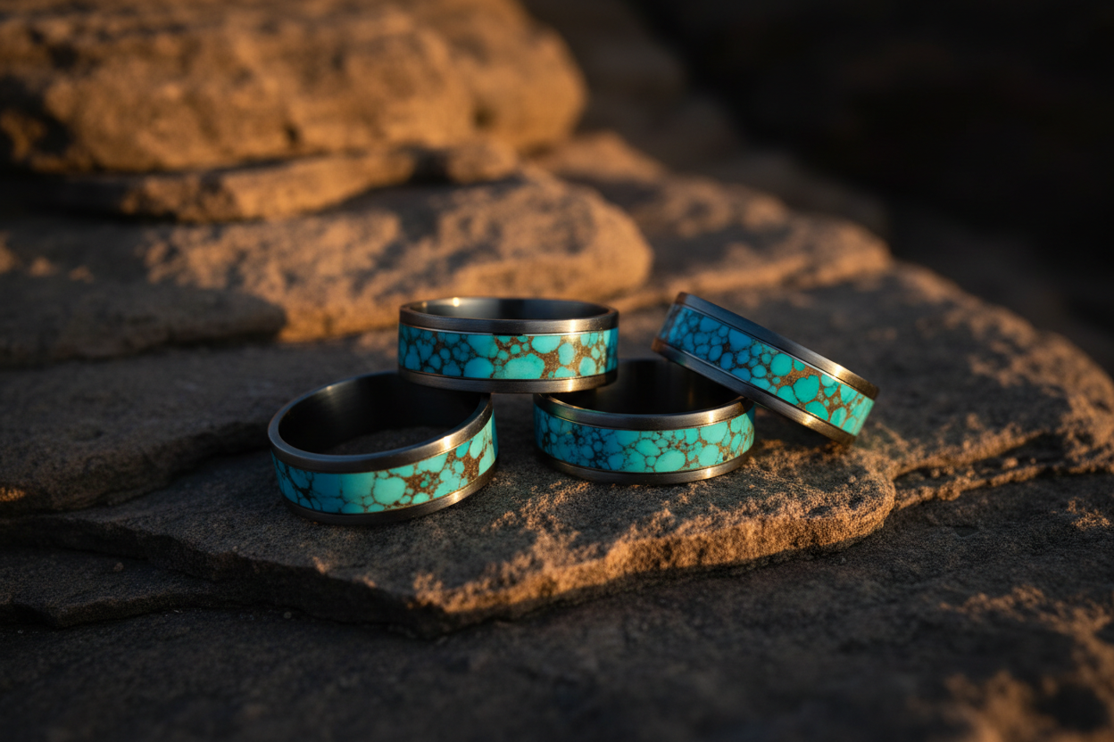 Handcrafted tungsten turquoise inlay ring with natural blue-green turquoise stone resting on rough sandstone — WildBeard Legacy Co.
