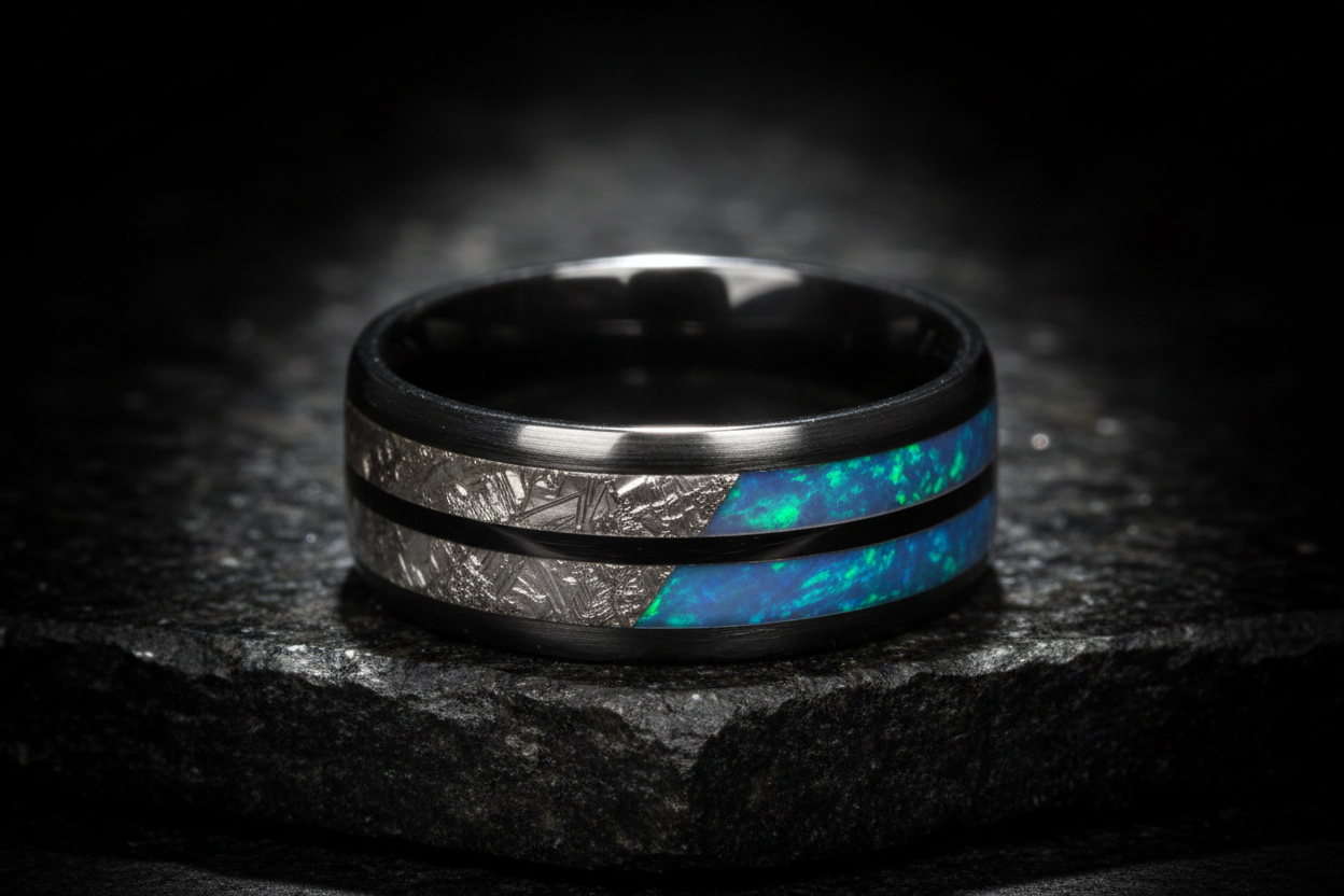 Handcrafted tungsten unique men's wedding band with dual meteorite and opal inlay on dark polished granite — WildBeard Legacy Co.