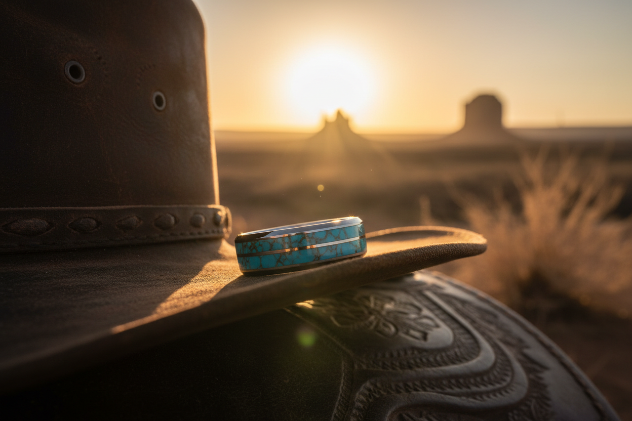 Handcrafted tungsten western memorial ring with turquoise inlay resting on worn leather cowboy hat — WildBeard Legacy Co.