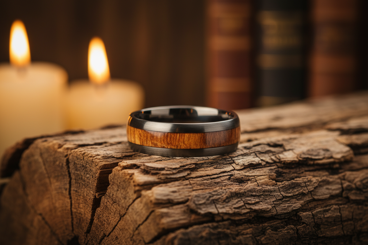 Handcrafted tungsten wood inlay ring with whiskey barrel wood grain resting on aged oak — WildBeard Legacy Co.