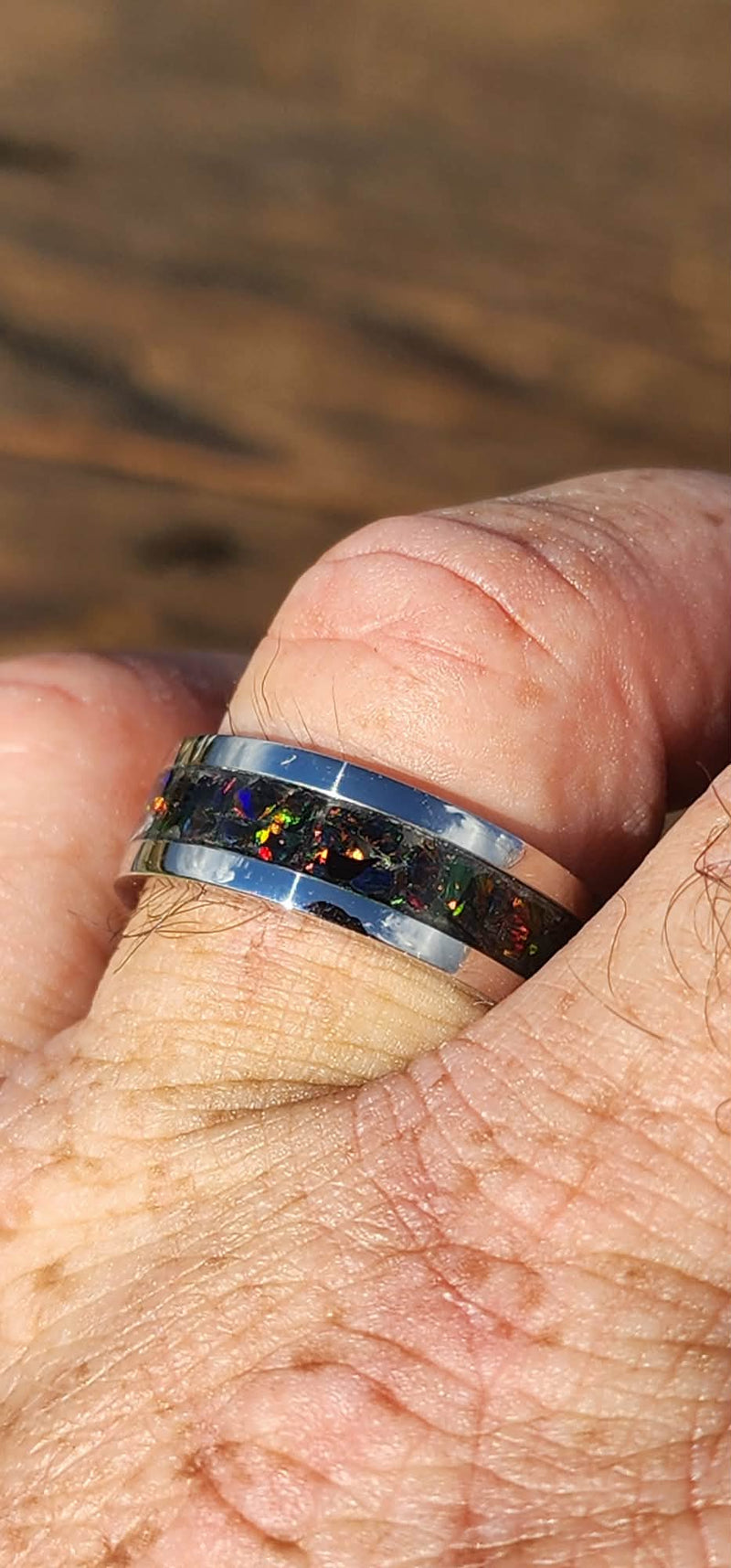 Cobalt Chromium wedding band with Green opals and blue glow