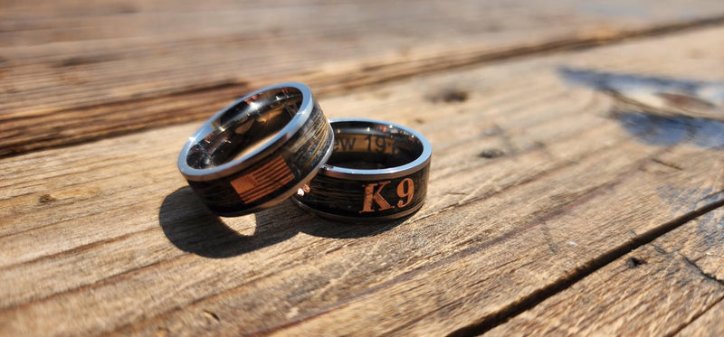 K9 Officers matching wedding band including the K9 hair and brass America Flag and Paw prints.