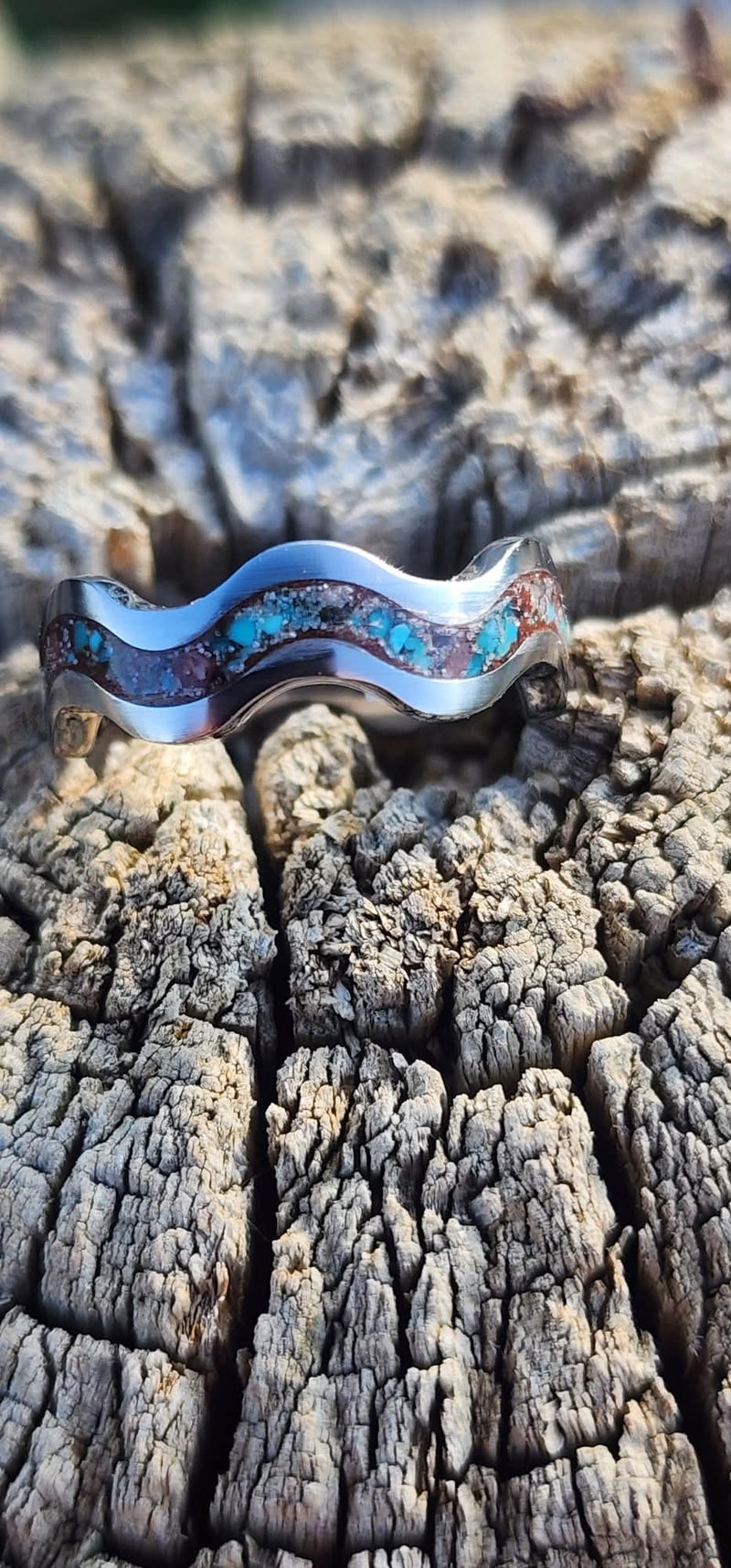 Titanium Clam Shell Wedding band with red sandstone, turquoise and diamond dust inlay