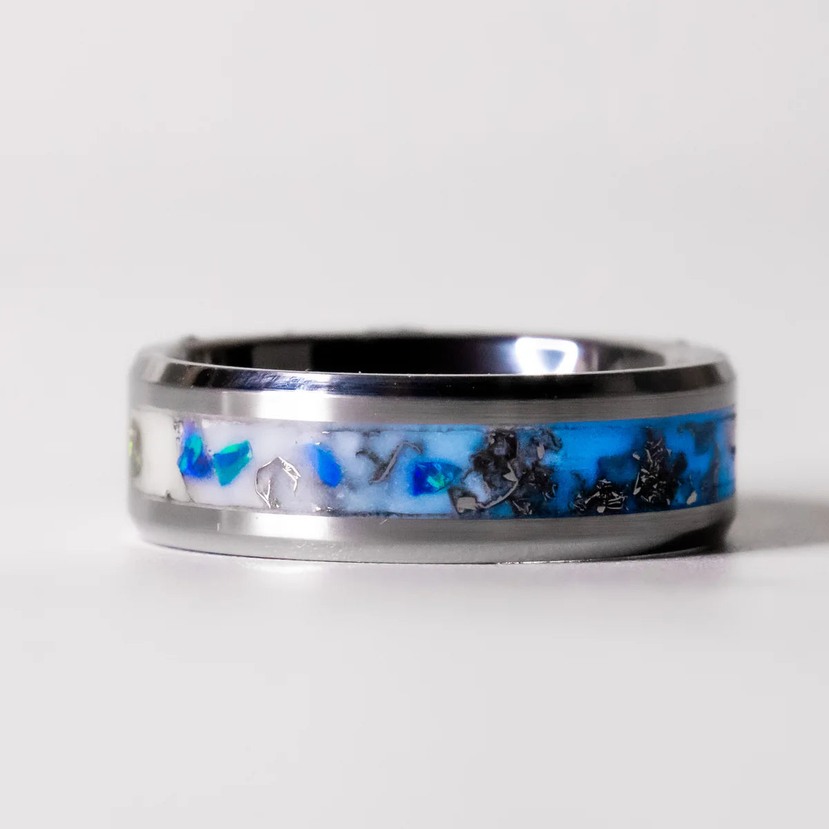 Tungsten custom made ring with copper and blue stone inay