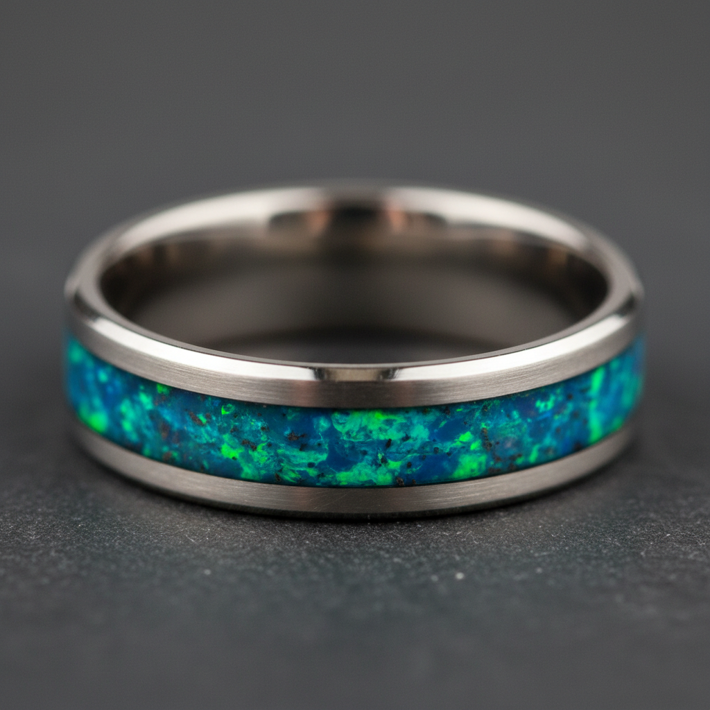 Legacy Bold pet memorial ring with dog ash and opal inlay — 8mm tungsten band, handcrafted by WildBeard Legacy Co