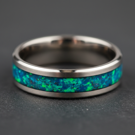 Legacy Bold pet memorial ring with dog ash and opal inlay — 8mm tungsten band, handcrafted by WildBeard Legacy Co