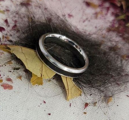 Legacy Slim pet memorial ring with fur inlay — 6mm tungsten band, handcrafted by WildBeard Legacy Co, Fort Collins CO

