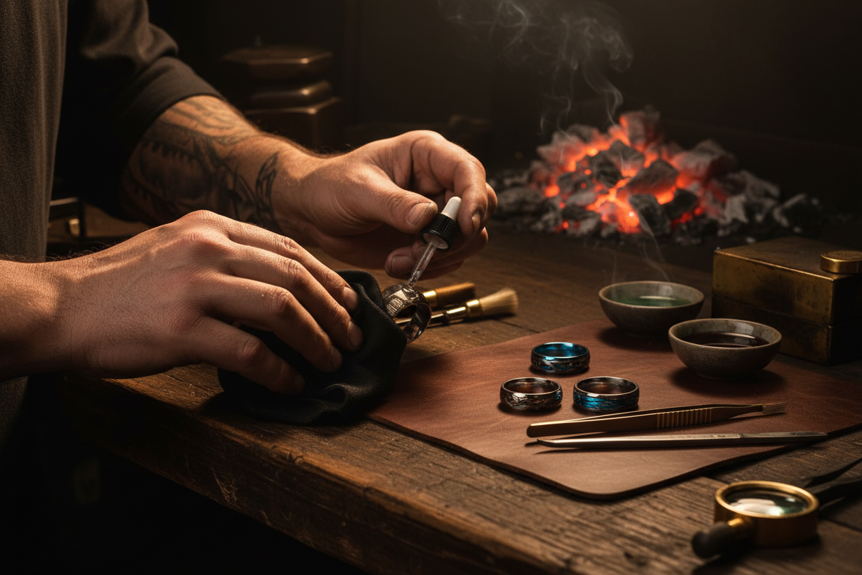 Artisan hands cleaning and maintaining premium rings on workbench