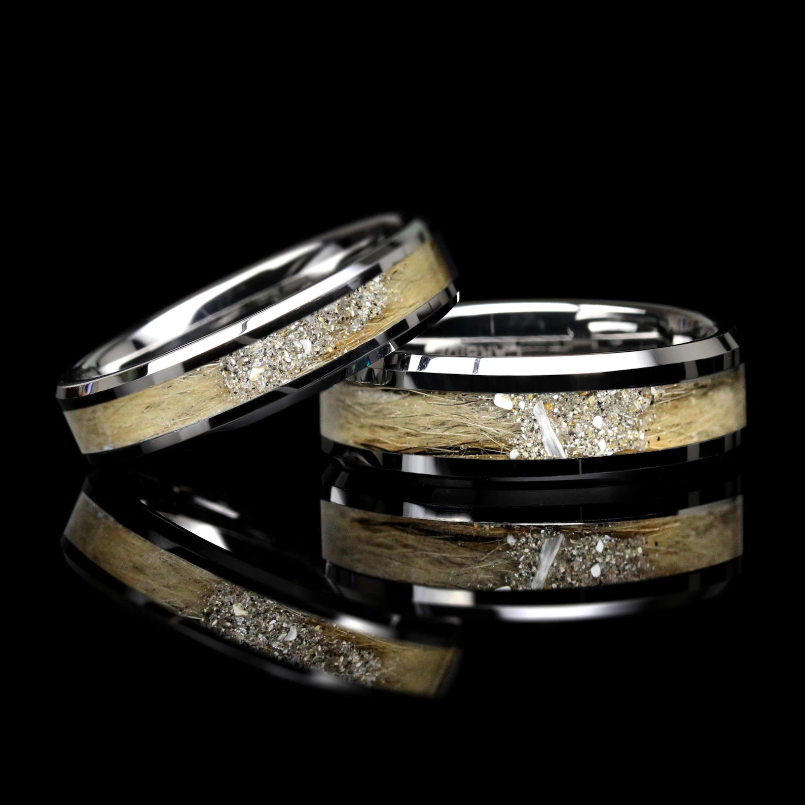 Custom order tungsten memorial ring with dog hair and ashes inlay