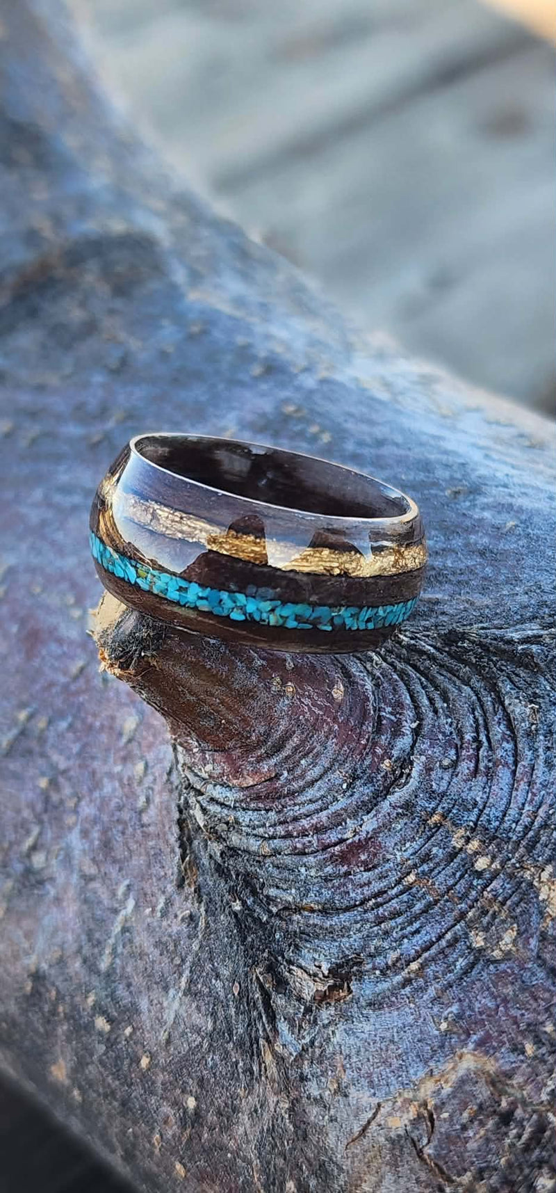 Handmade wood band with gold flake and turquoise stones
