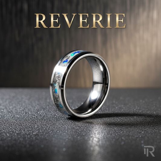 Reverie 8mm tungsten ring with blue opal and meteorite inlay - branded premium jewelry