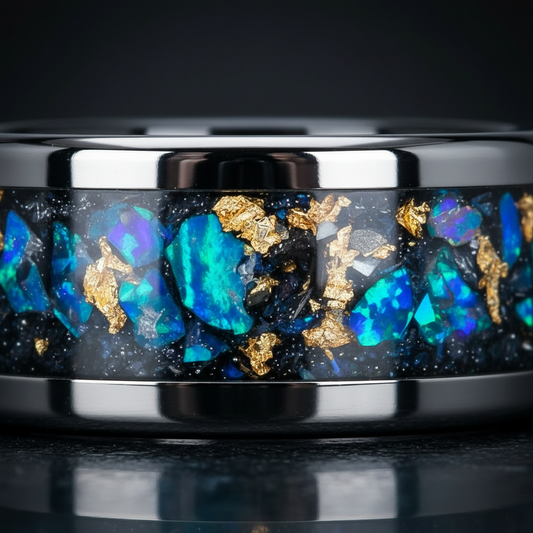Close-up of Deep Space ring showing galaxy resin and nebula detail