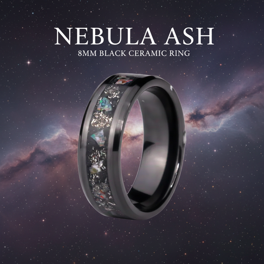 Nebula Ash 8mm black ceramic ring with ash inlay - branded cosmic memorial jewelry