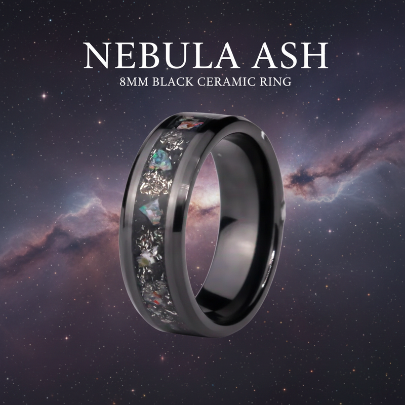 Nebula Ash 8mm black ceramic ring with ash inlay - branded cosmic memorial jewelry