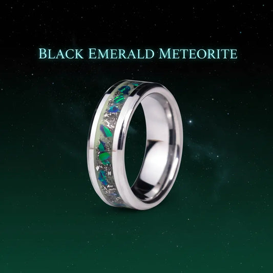 Black Emerald Meteorite 8mm tungsten ring with opal and meteorite - branded cosmic jewelry