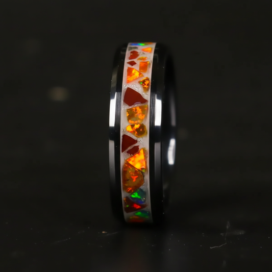 Close-up of Autumn Opal ceramic ring showing orange gold opal and glow detail