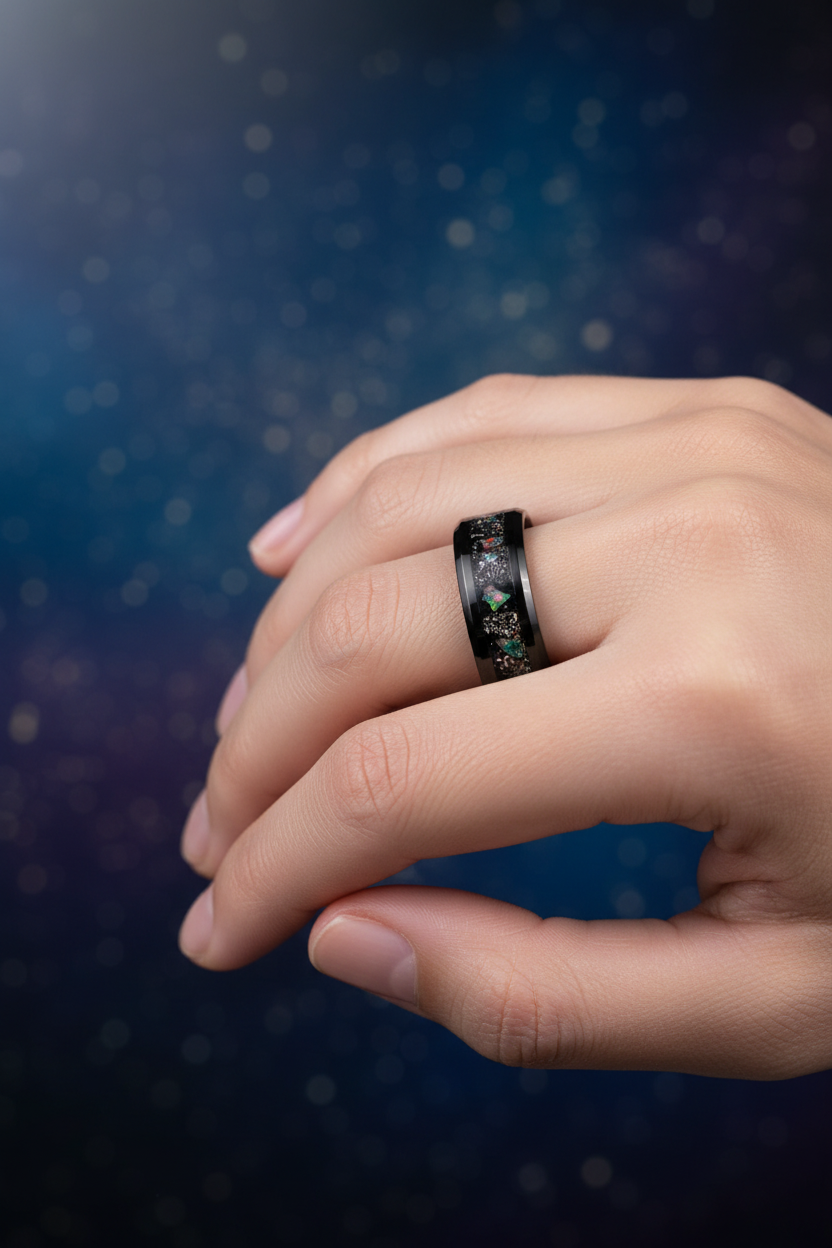 Black ceramic ash ring on hand showing nebula inlay - Nebula Ash jewelry