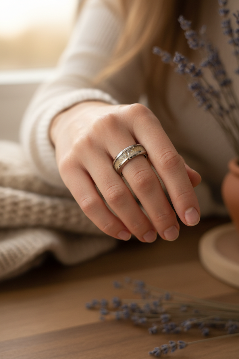 Pet memorial jewelry on hand - custom ring with pet ashes and hair keepsake
