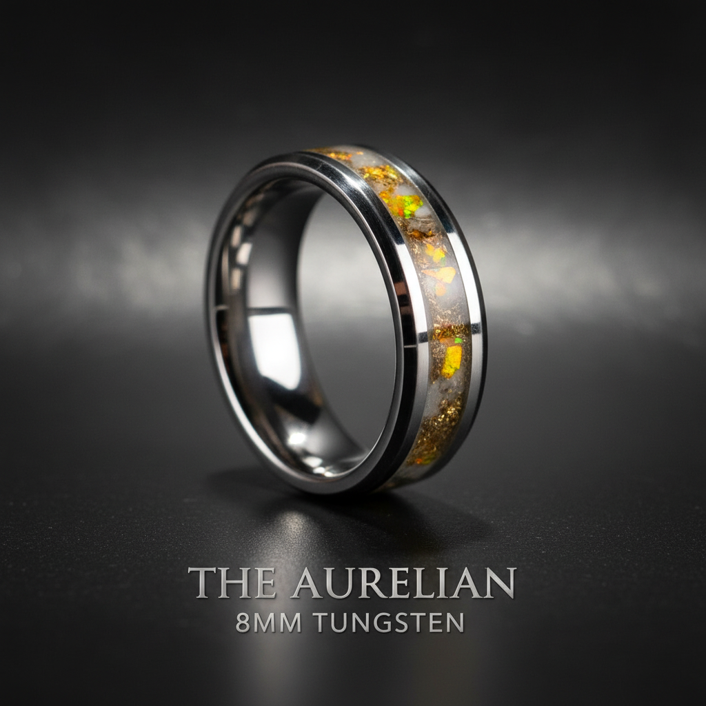 Aurelian 8mm tungsten ring with gold opal inlay - premium men's tungsten jewelry