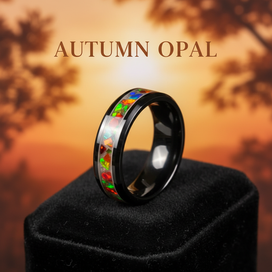 Autumn Opal 8mm black ceramic ring with opal inlay - branded seasonal jewelry