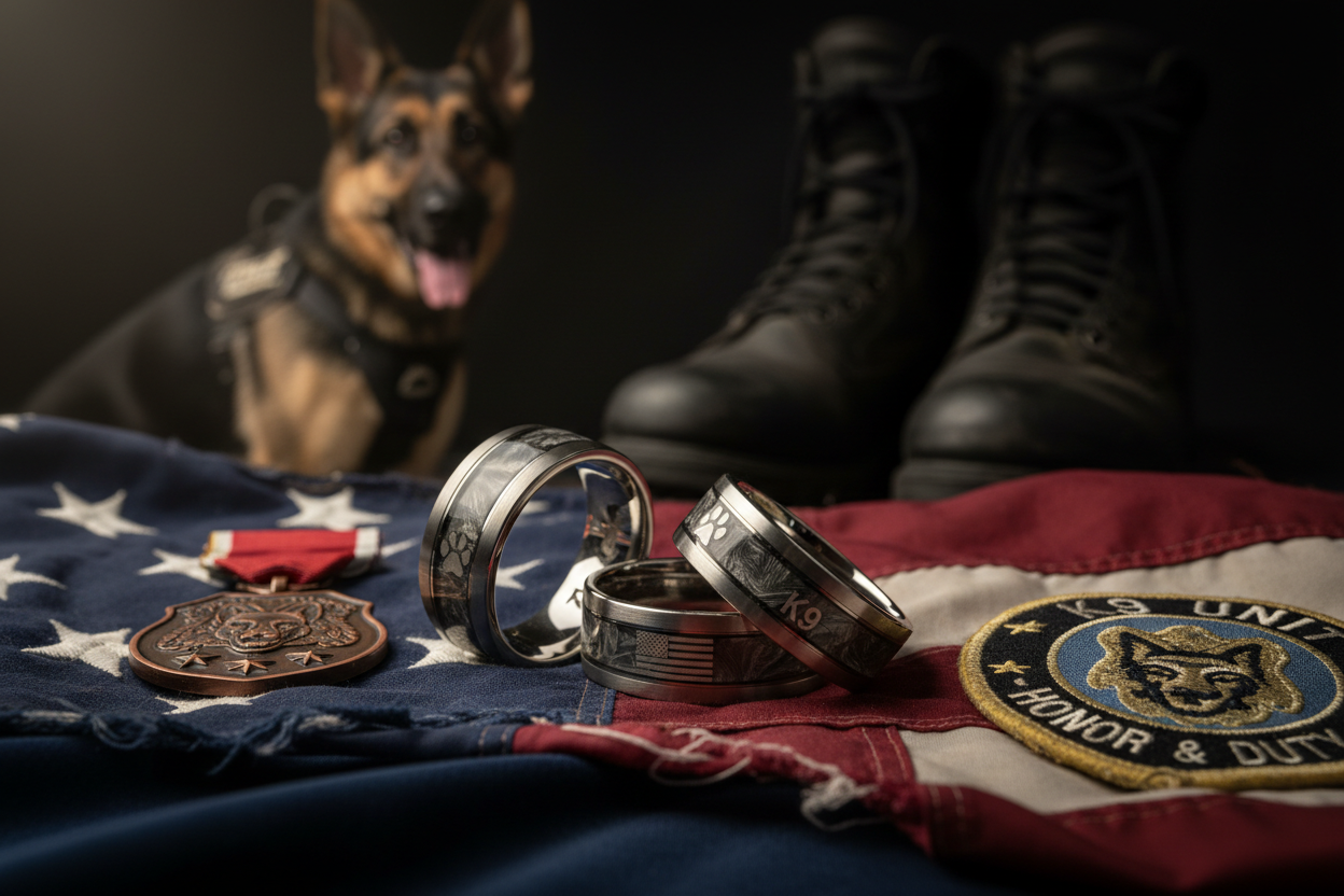K9 Memorial Ring with Flag and Insignia for custom rings by WildBeard Forge in Colorado