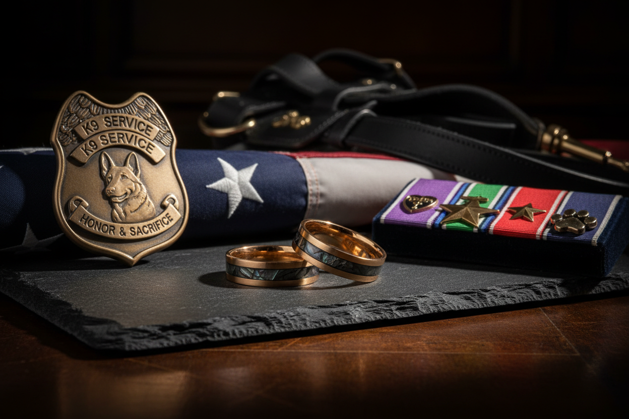 K9 Memorial Rings with flag and sheild for custom rings by WildBeard Forge in Colorado