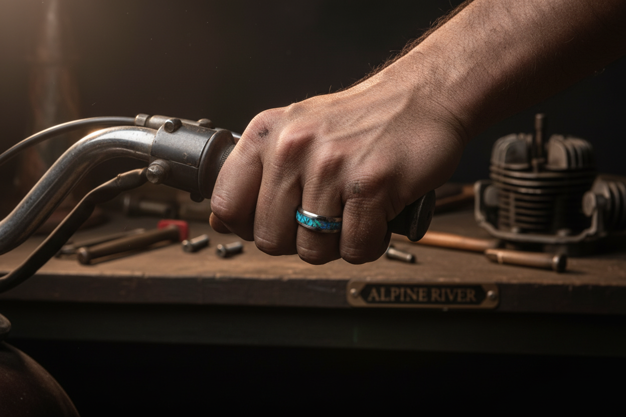 Man wearing tungsten wedding band with blue opal inlay