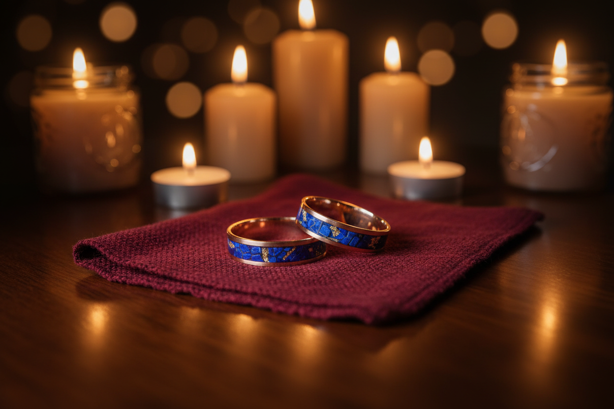 Stone Inlay Wedding Bands Candlelight Variation for custom rings by WildBeard Forge in Colorado