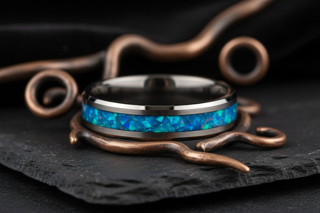 Tungsten men's wedding band with blue opal inlay