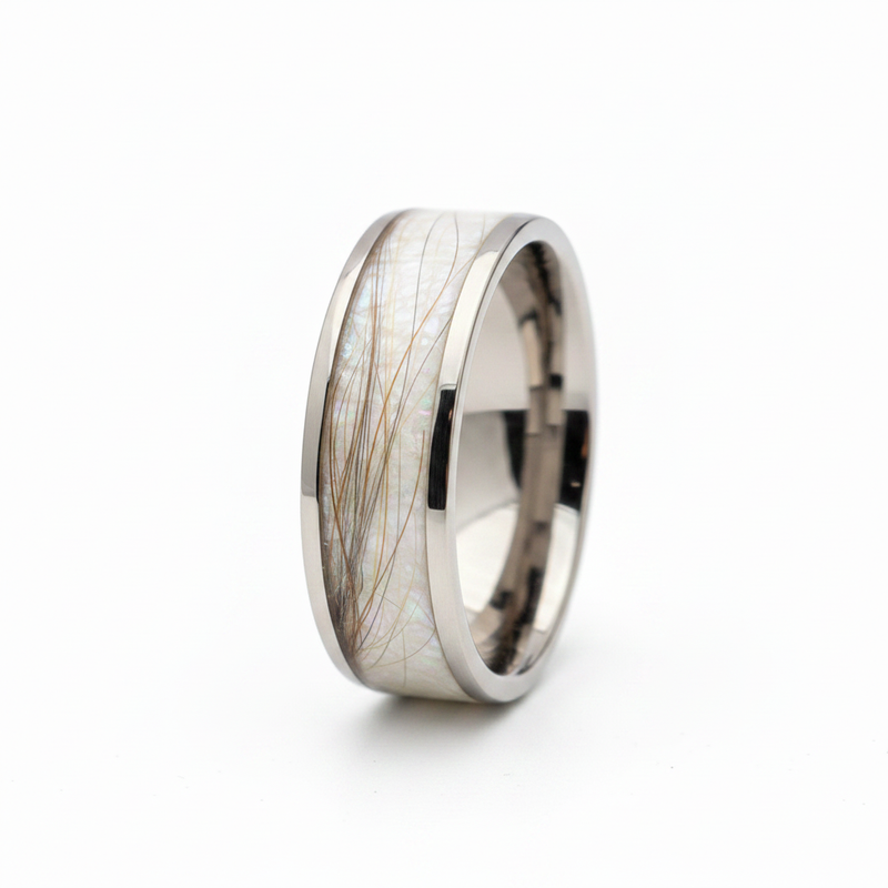 Tungsten band with dog hair and iridescent white background