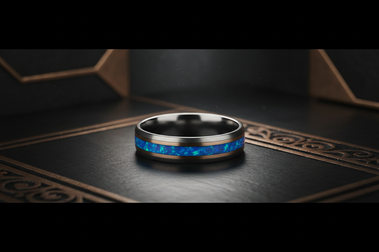 Tungsten ring with clean blue opal inlay channel - dark luxury banner
